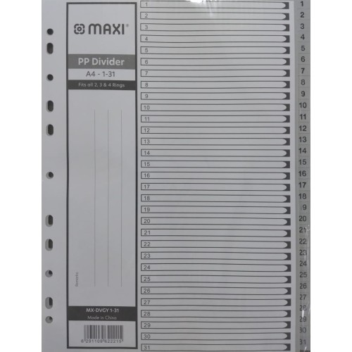MAXI 1-31 GREY PP DIVIDER 1X15PX6B 15SET/PK        